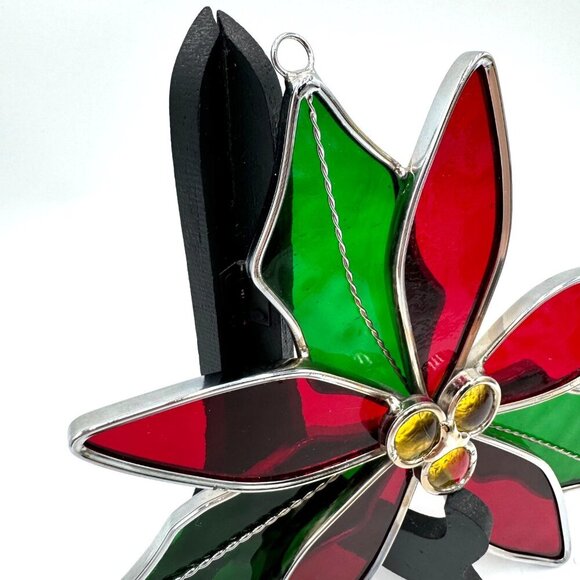 Large Handmade Poinsettia Stained Glass Sun-Catcher Winter Holiday Decor - Picture 3 of 10